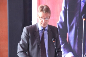 H.E Henk Jan Bakker the Dutch Ambassador to Uganda delivering remarks at the 23rd Annual JLOS Review on October 4 2018 (PHOTO: JLOS)