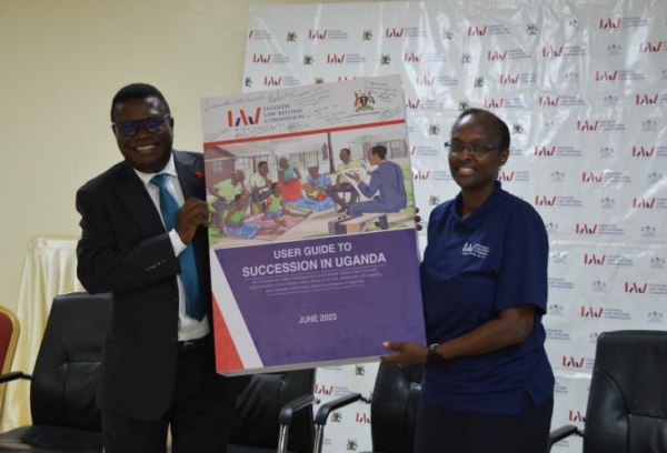 Hon. Nobert Mao, Minister of Justice and Constitutional Affairs at the launch of the omprehensive Guide to Succession Law in Uganda (PHOTO: ULRC)