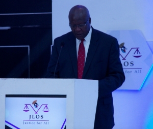 Justice Bart Katureebe at the 24th Annual JLOS Review held on 12th November 2019 at the Mestil Hotel in Kampala (PHOTO: JLOS)